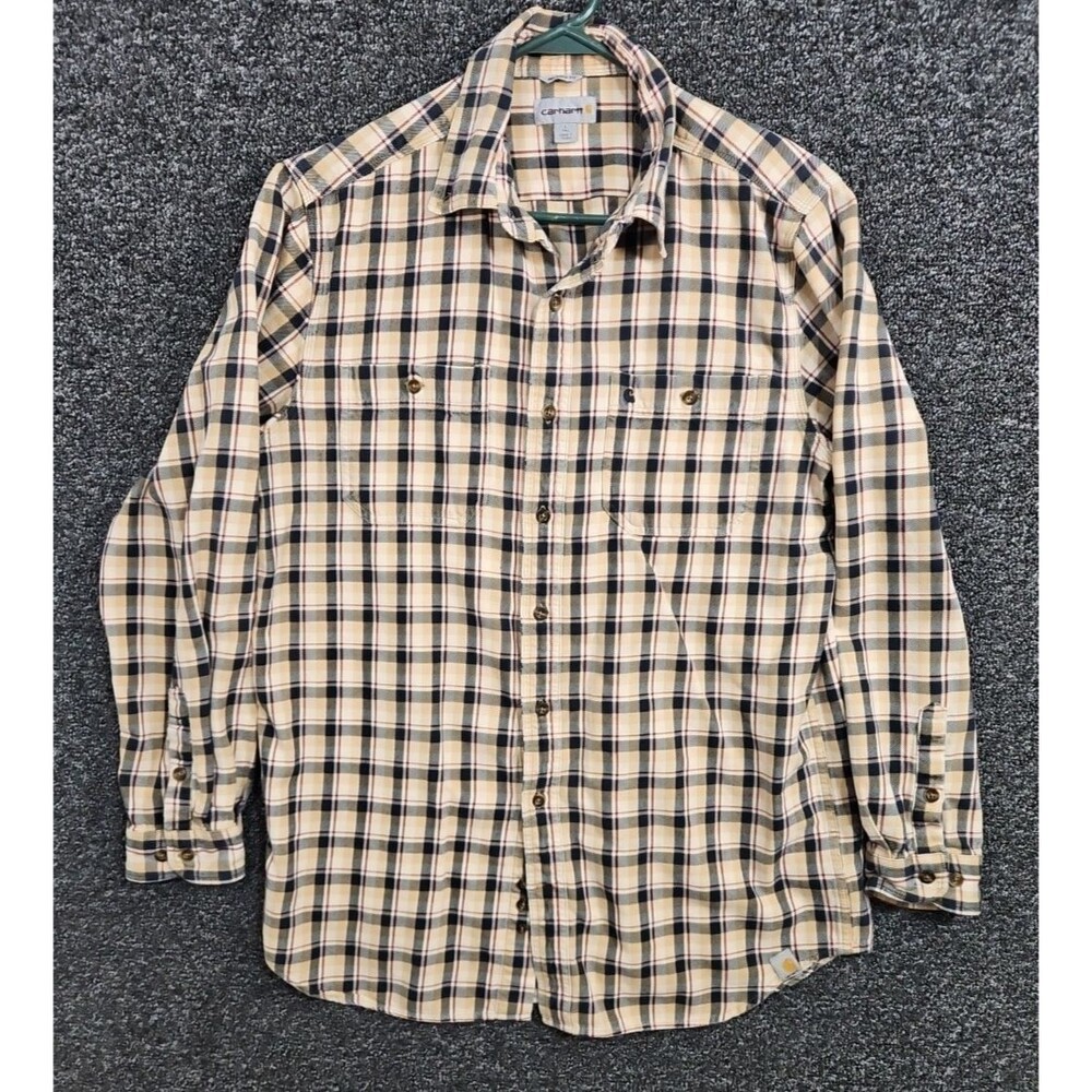 Carhartt Flannel Button Up Shirt Men's Size Large Tall Relaxed Fit Tan Black